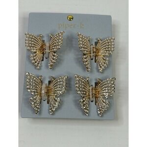 Piper K Butterfly Claw Clip 4 Pack (2 Studded +  2 Faux Pearl) Gold Color
